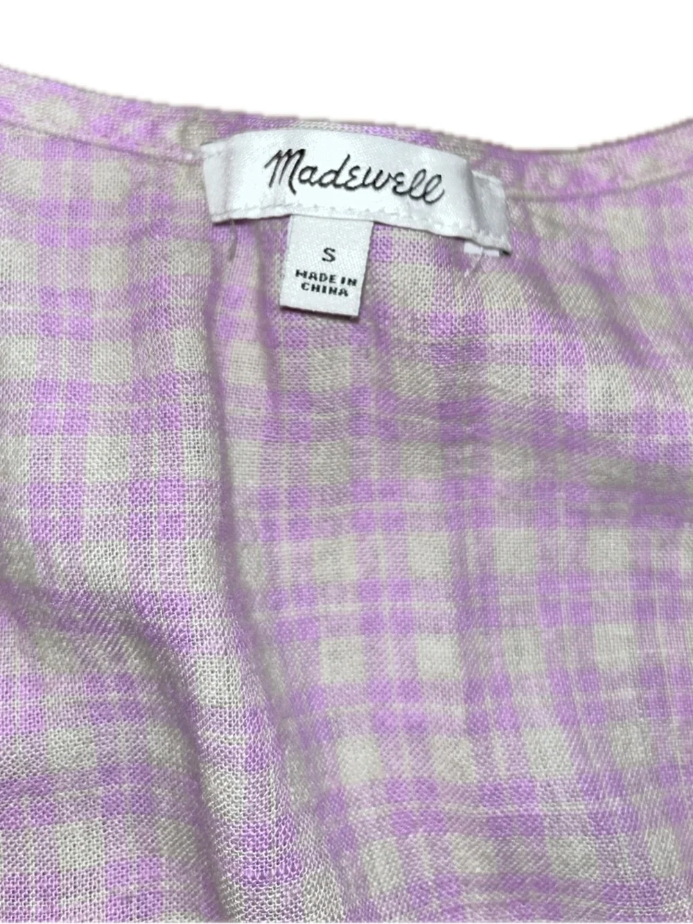 Madewell Tan Pink Gingham Puff-Sleeve Linen Blend Button Wrap Cottagecore Top S